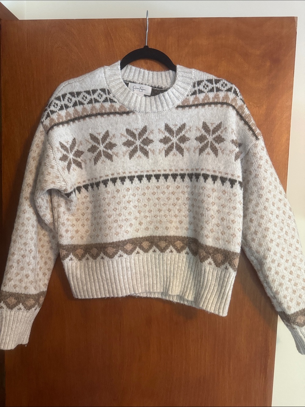 Jessica Simpson Cream and Brown Nordic Crewneck Sweater